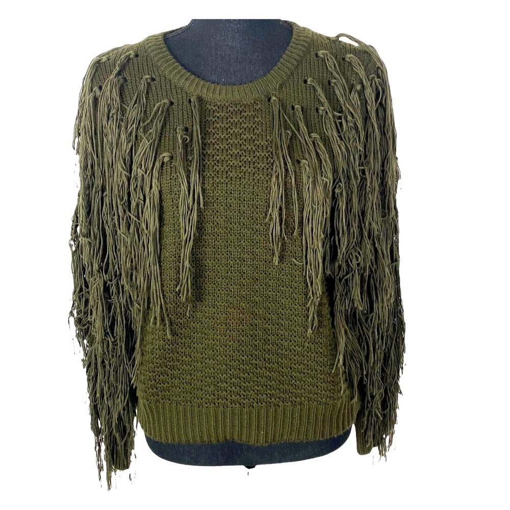 SADIE SAGE Women Shaggy Fringe Pullover Crew Neck Sweater Sz S Green 27-3